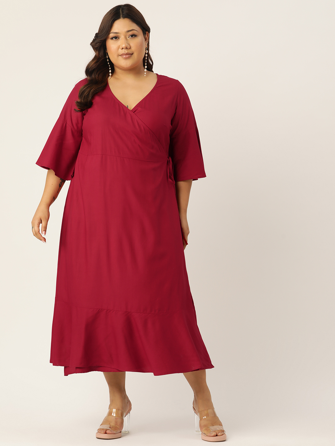 Women's Plus Size Maroon Solid Color Woven A-Line Wrap Midi dress