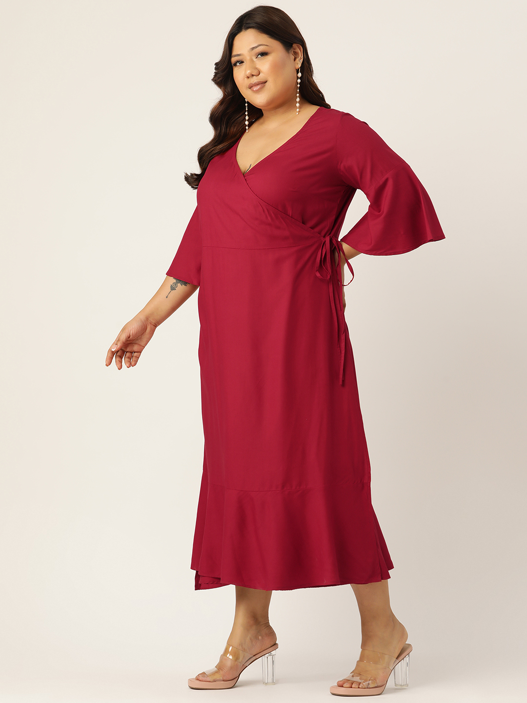Women's Plus Size Maroon Solid Color Woven A-Line Wrap Midi dress