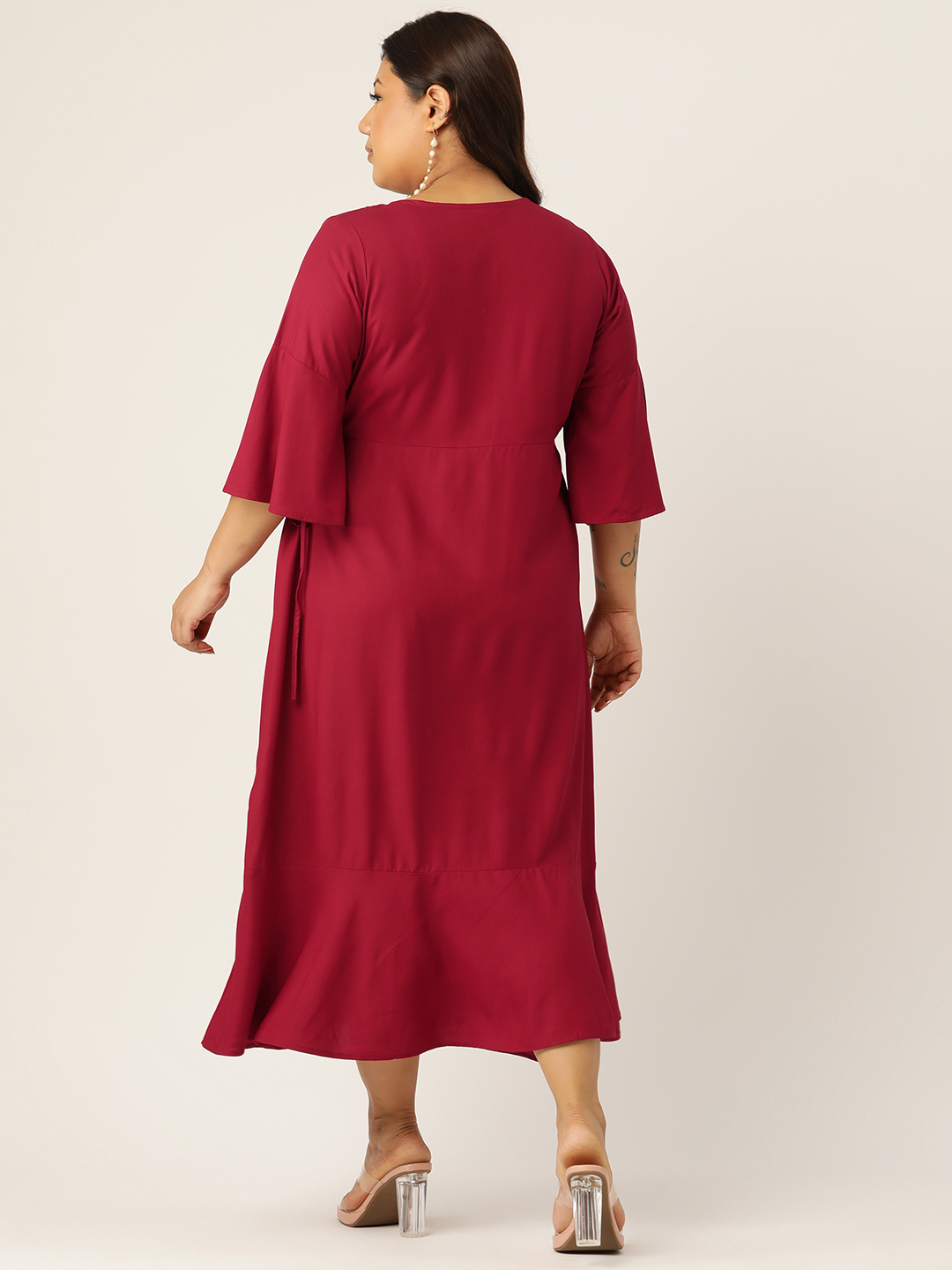 Women's Plus Size Maroon Solid Color Woven A-Line Wrap Midi dress