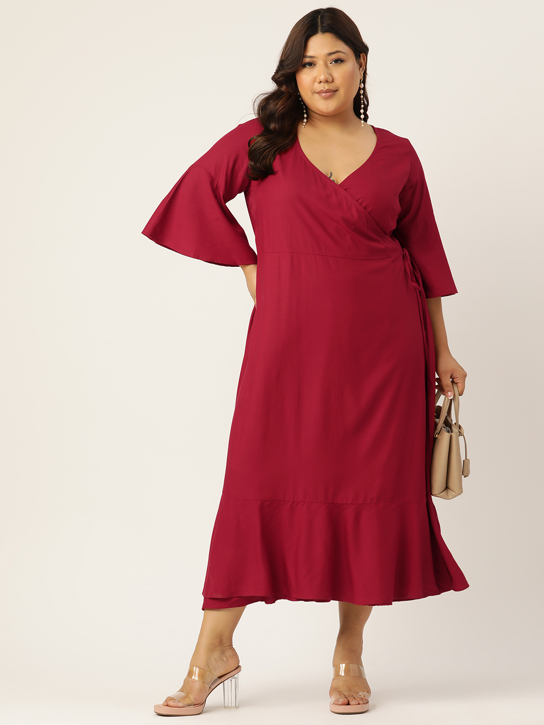 Women's Plus Size Maroon Solid Color Woven A-Line Wrap Midi dress