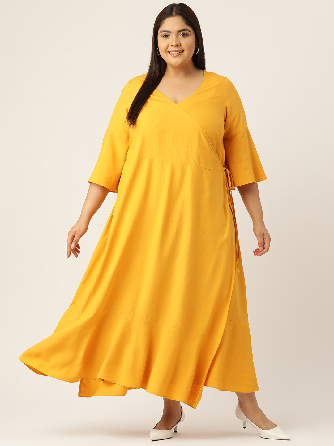 Women's Plus Size Mustard Solid Color Woven A-Line Wrap Midi dress