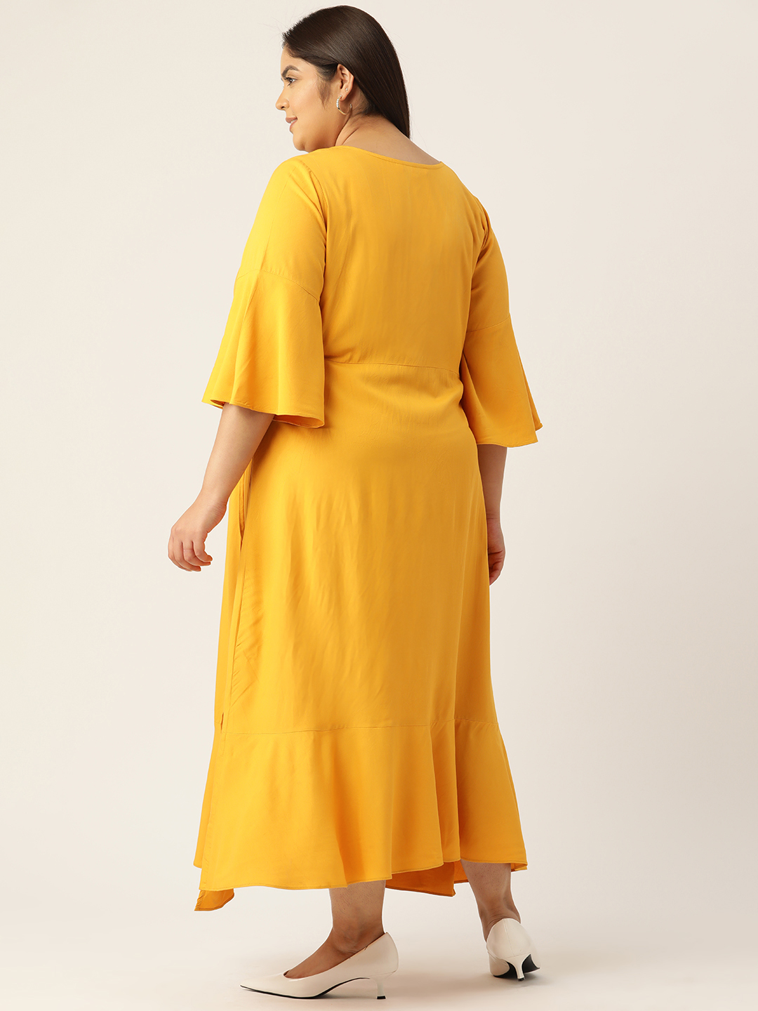 Women's Plus Size Mustard Solid Color Woven A-Line Wrap Midi dress