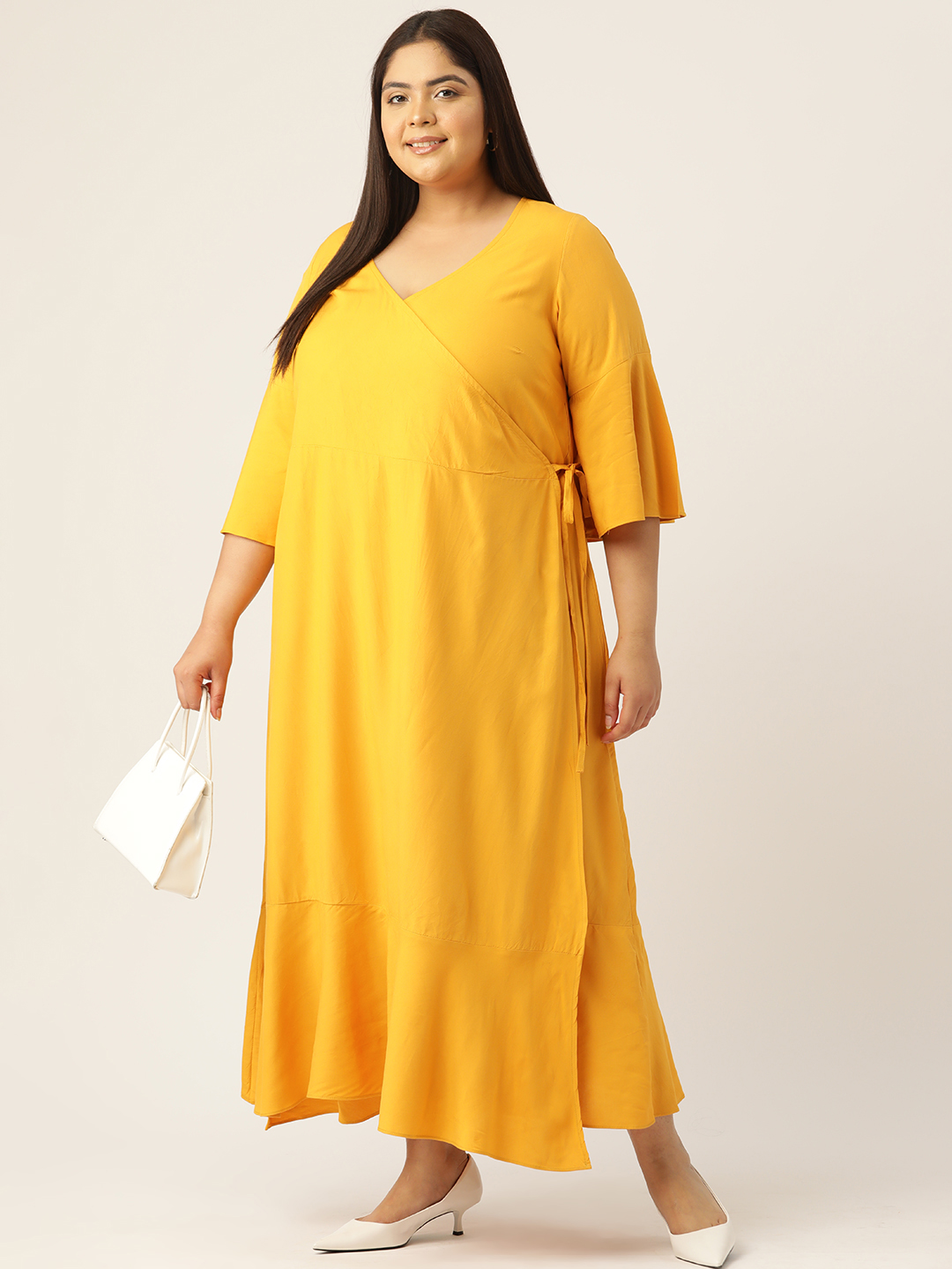 Women's Plus Size Mustard Solid Color Woven A-Line Wrap Midi dress