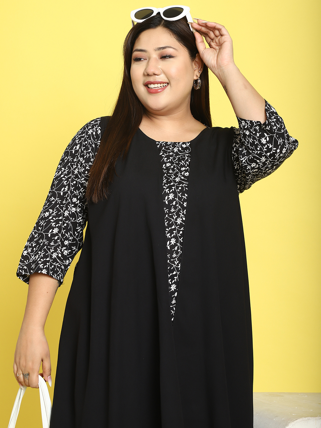 Women's Plus Size Black small floral printed dress with attached black solid color mock layered jacket