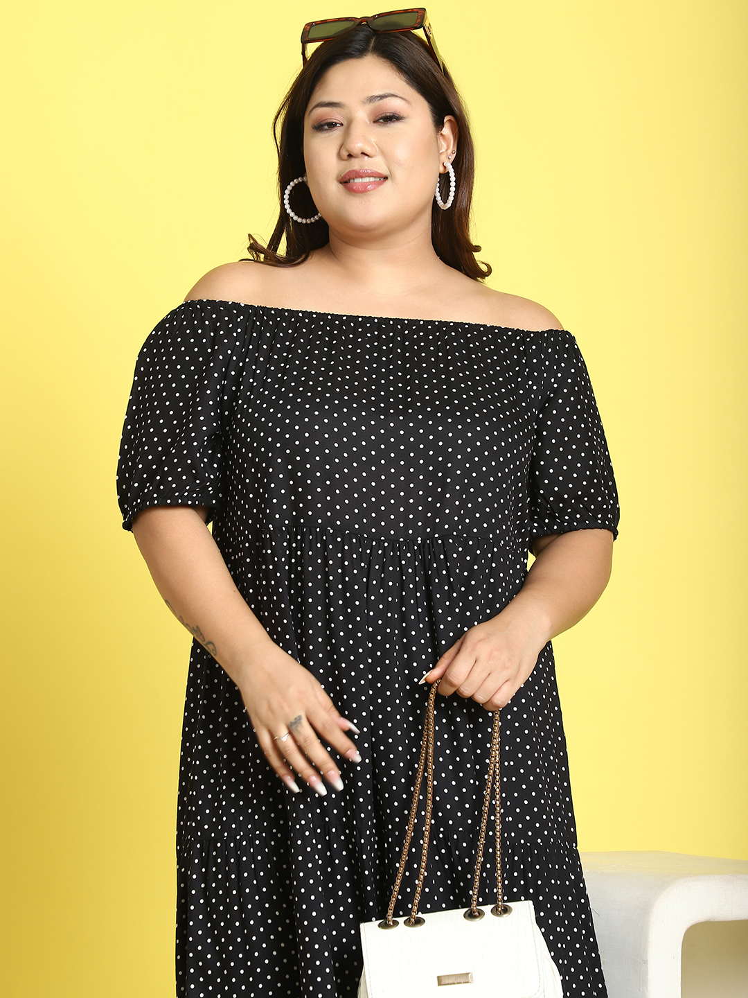 Women's Plus Size Black polka dot printed A-Line Maxi dress