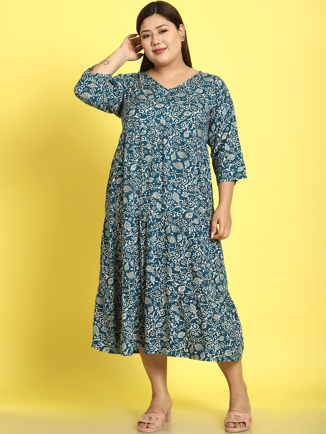 Women's Plus Size Teal Batik floral printed A-Line Midi dress