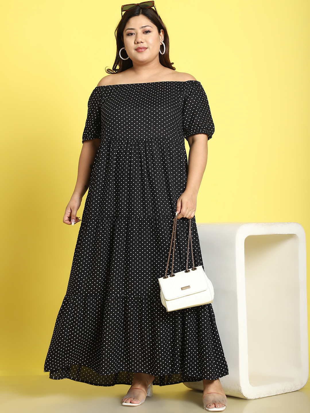 Women's Plus Size Black polka dot printed A-Line Maxi dress
