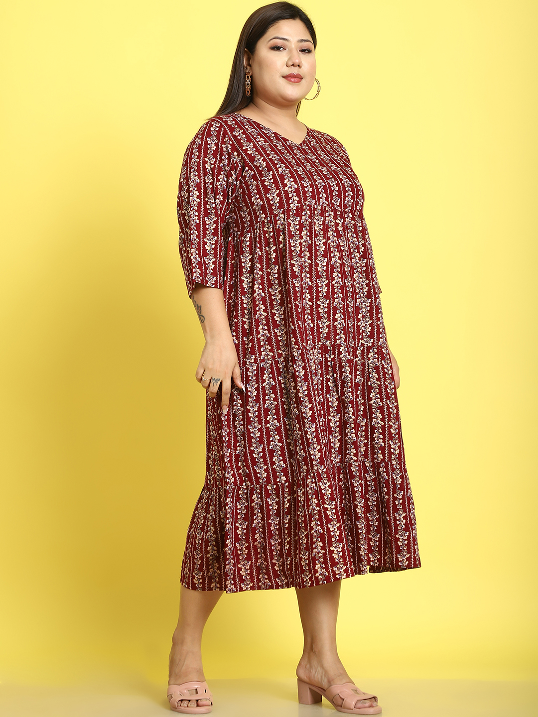 Women's Plus Size Maroon Gold Foil Printed A-Line Midi dress