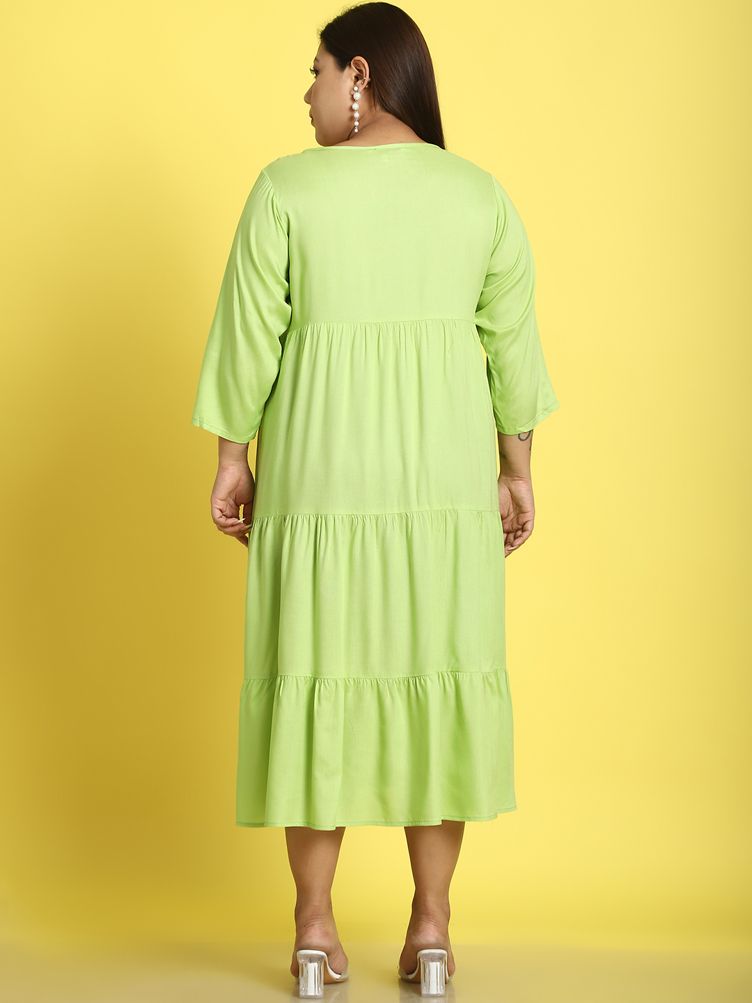 Women's Plus Size Green Solid Color A-Line Midi dress