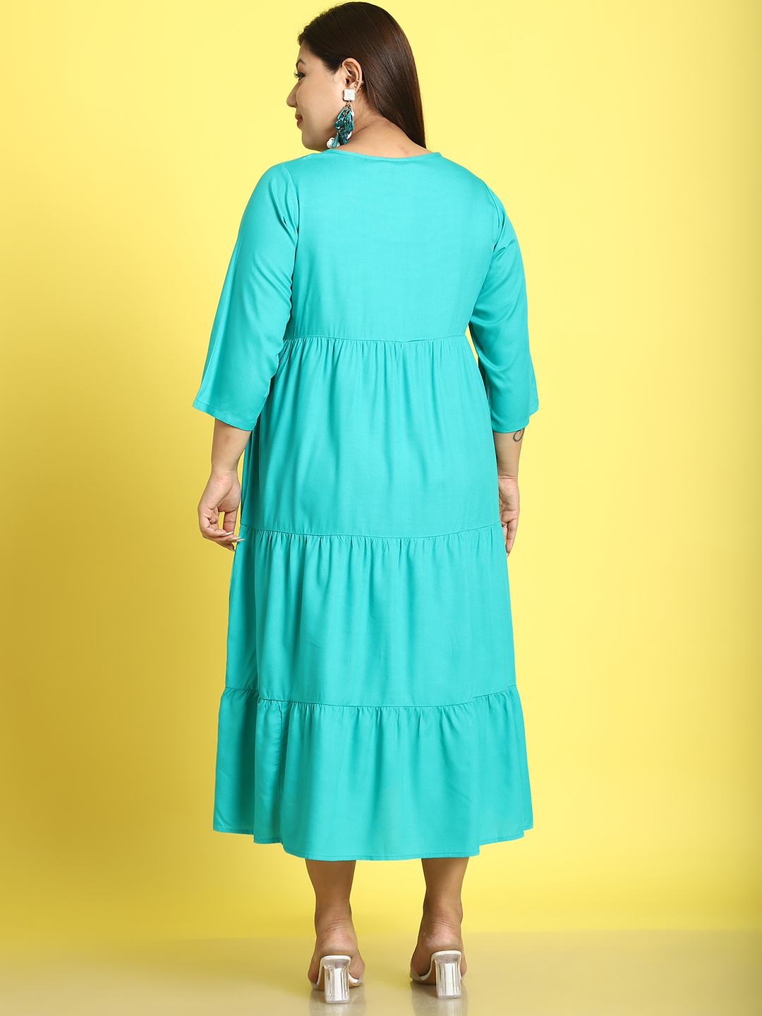 Women's Plus Size Teal Solid Color A-Line Midi dress