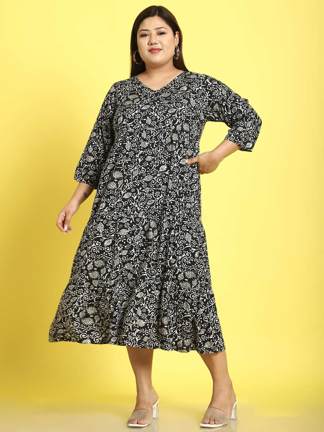 Women's Plus Size Black Batik floral printed A-Line Midi dress