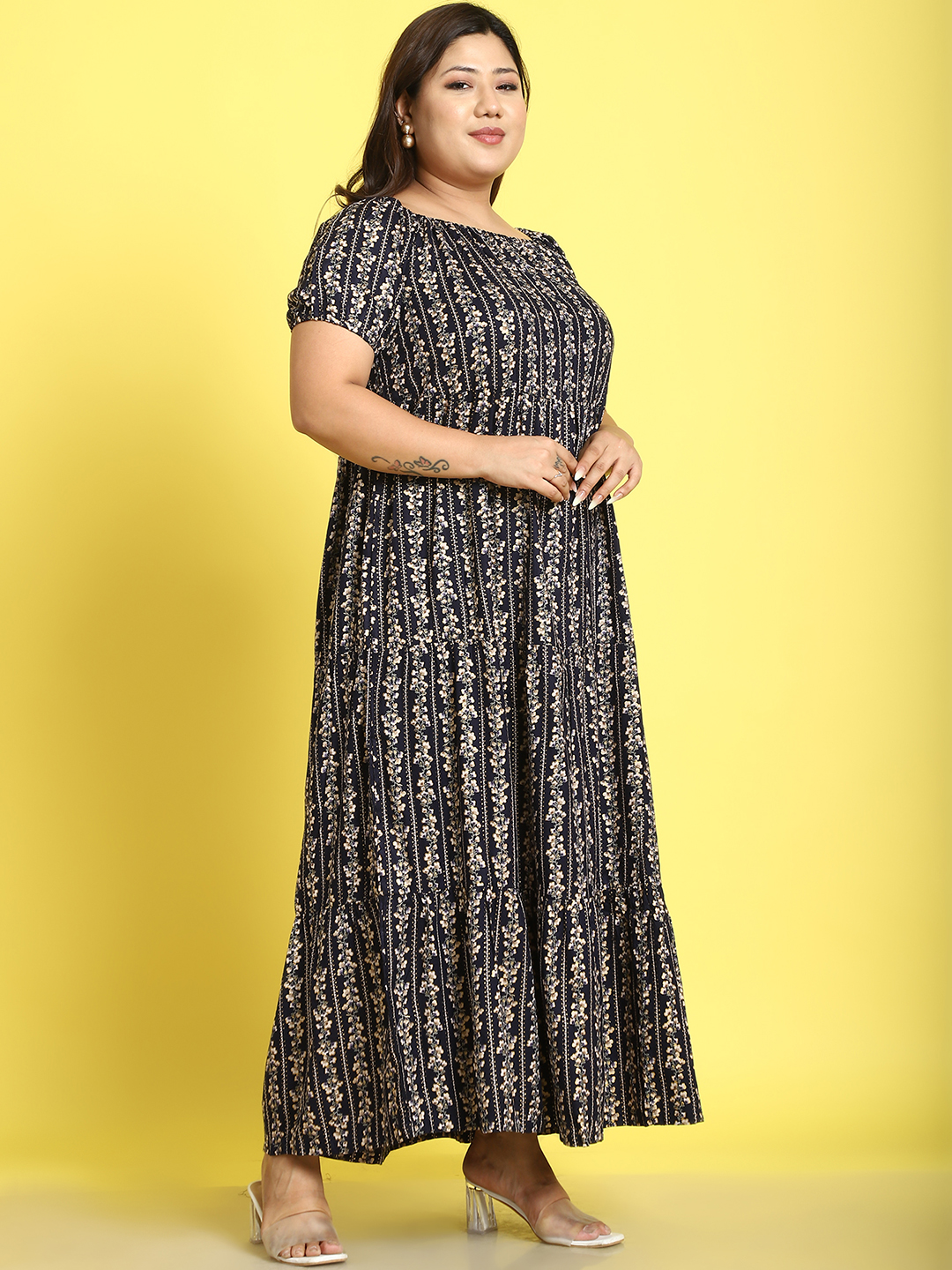 Women's Plus Size Navy Gold Floral printed A-Line Maxi dress