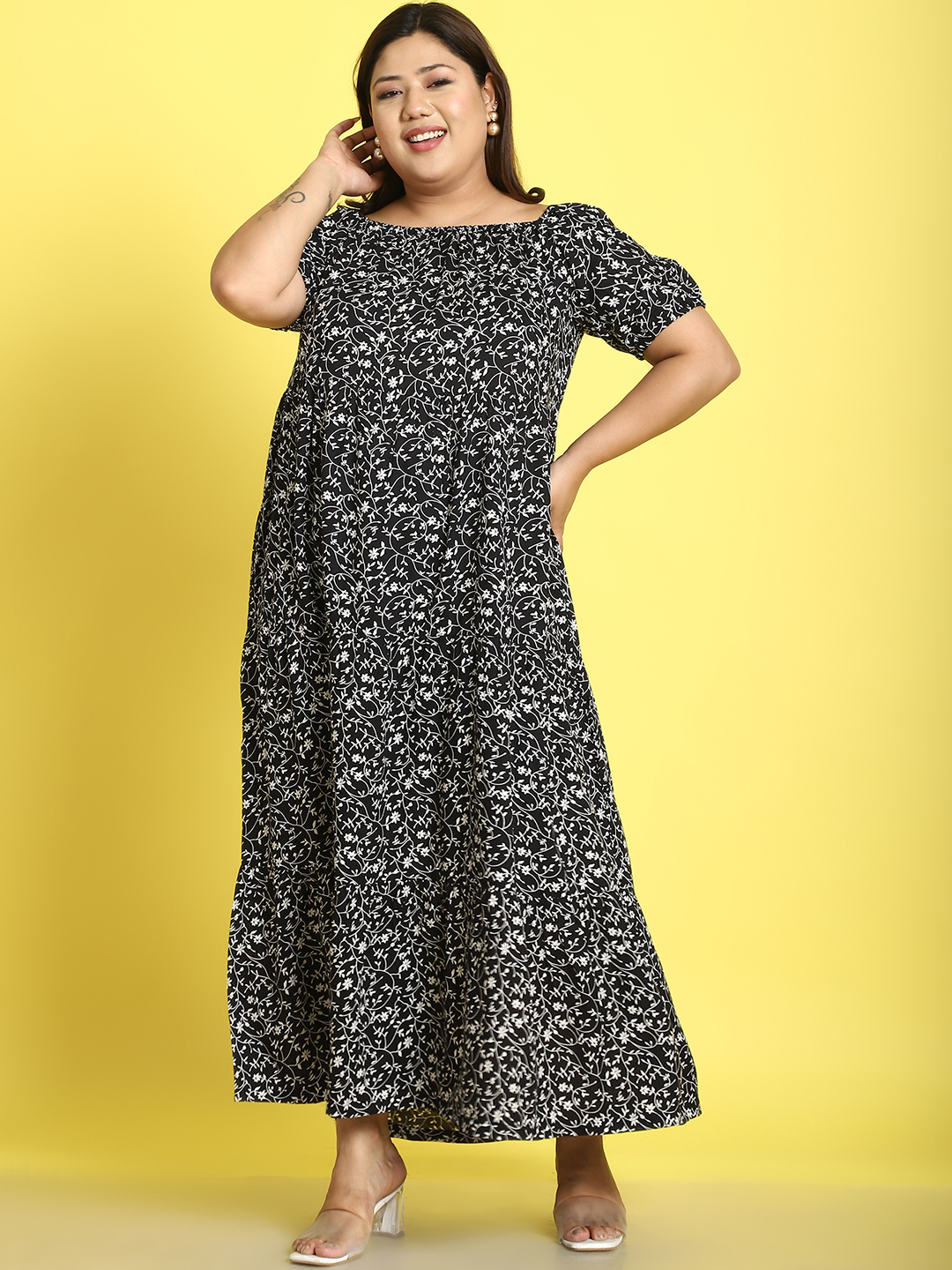 Women's Plus Size Black small floral printed A-Line Maxi dress