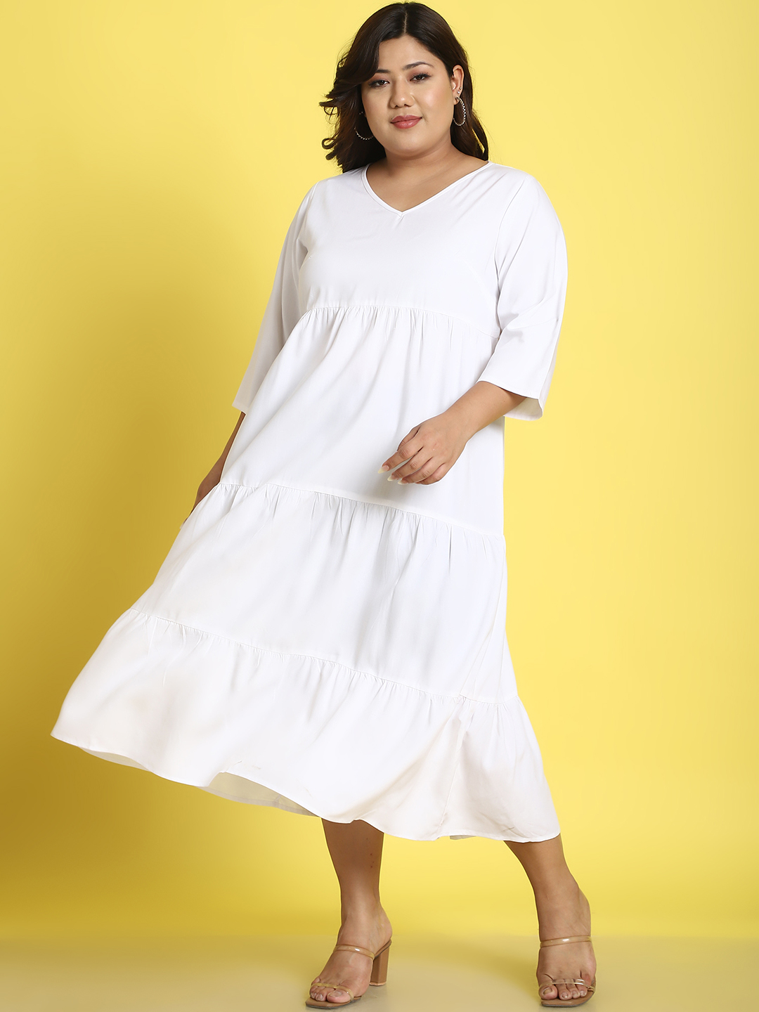 Women's Plus Size White Solid Color A-Line Midi dress