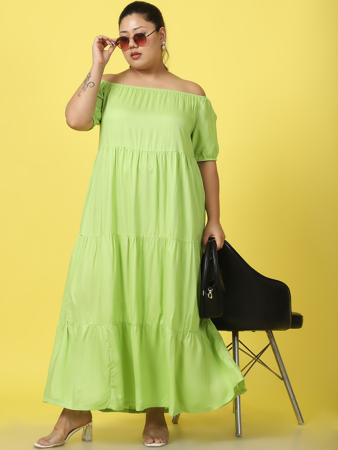 Women's Plus Size Green solid color A-Line Maxi dress