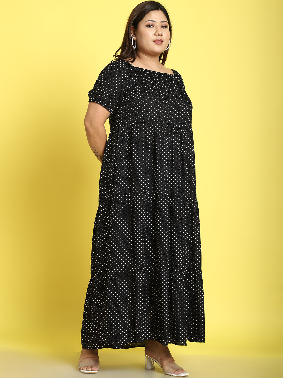 Women's Plus Size Black polka dot printed A-Line Maxi dress