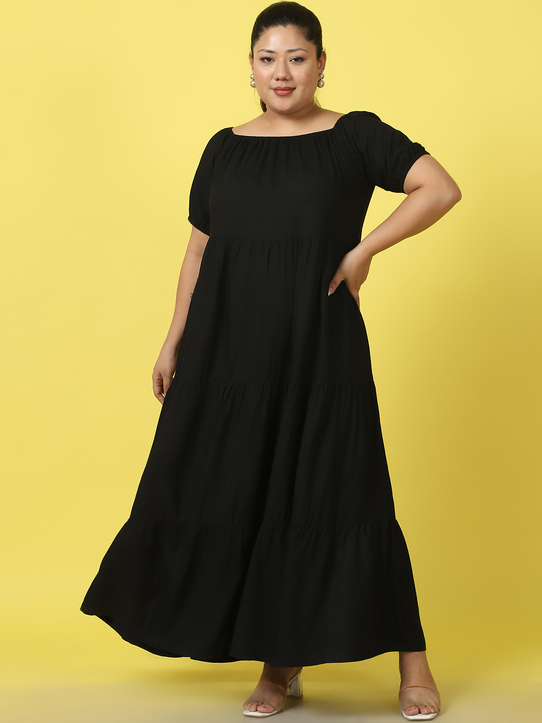 Women's Plus Size Black solid color A-Line Maxi dress