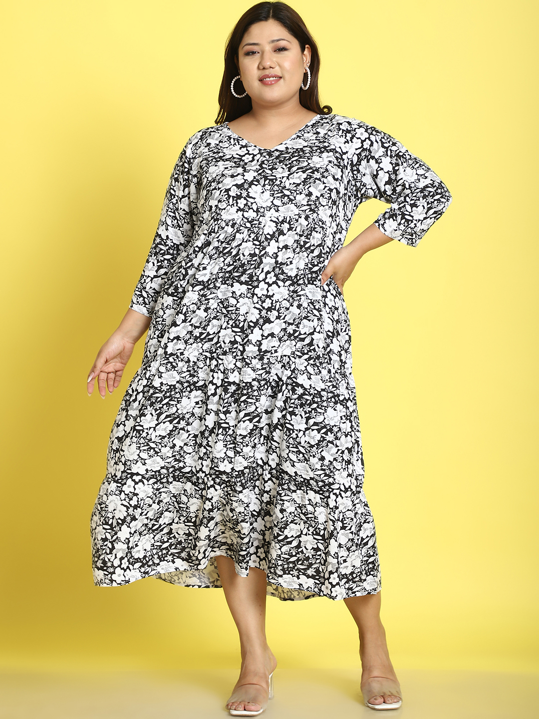 Women's Plus Size Black & White Floral printed A-Line Midi dress