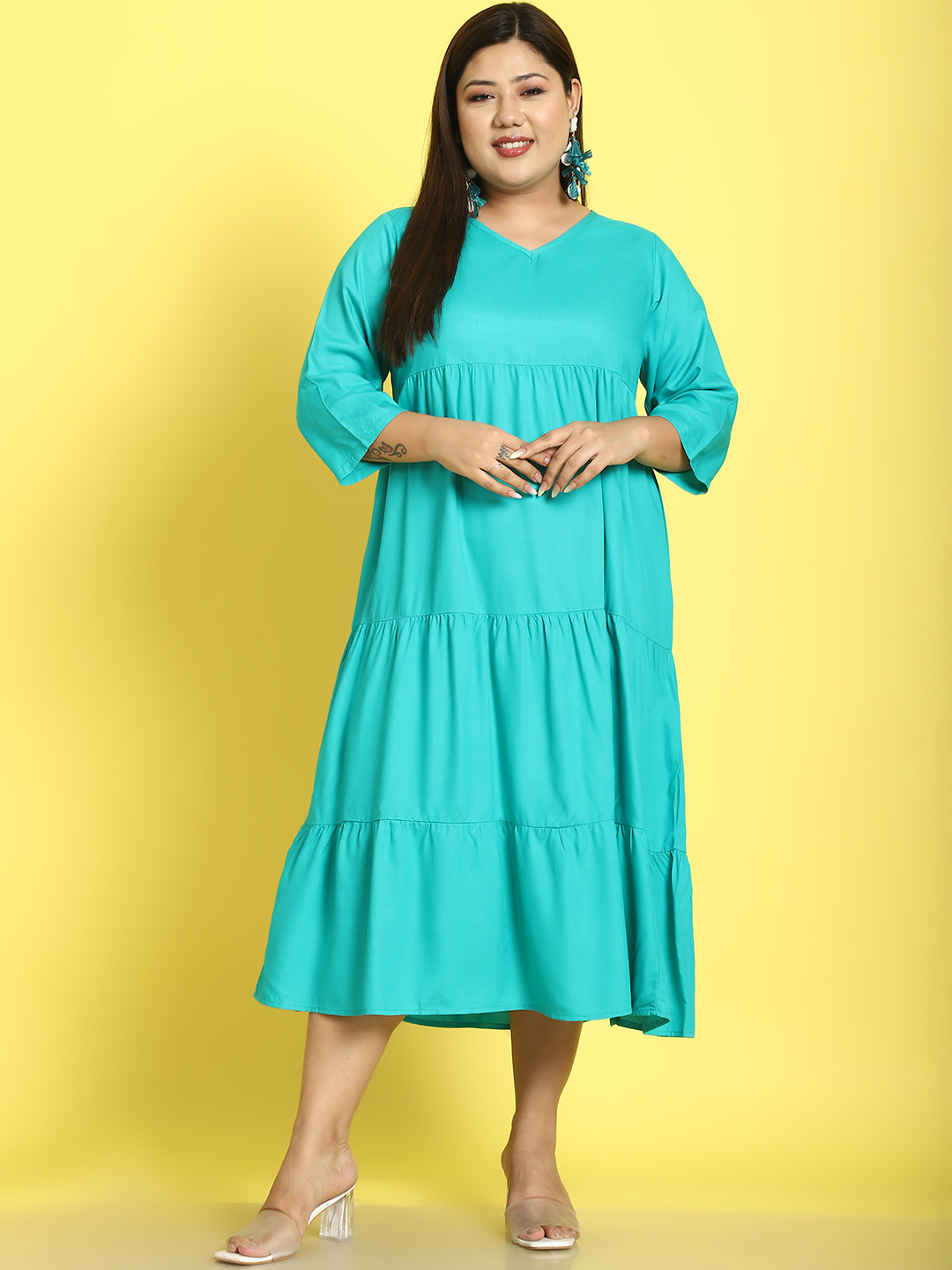 Women's Plus Size Teal Solid Color A-Line Midi dress