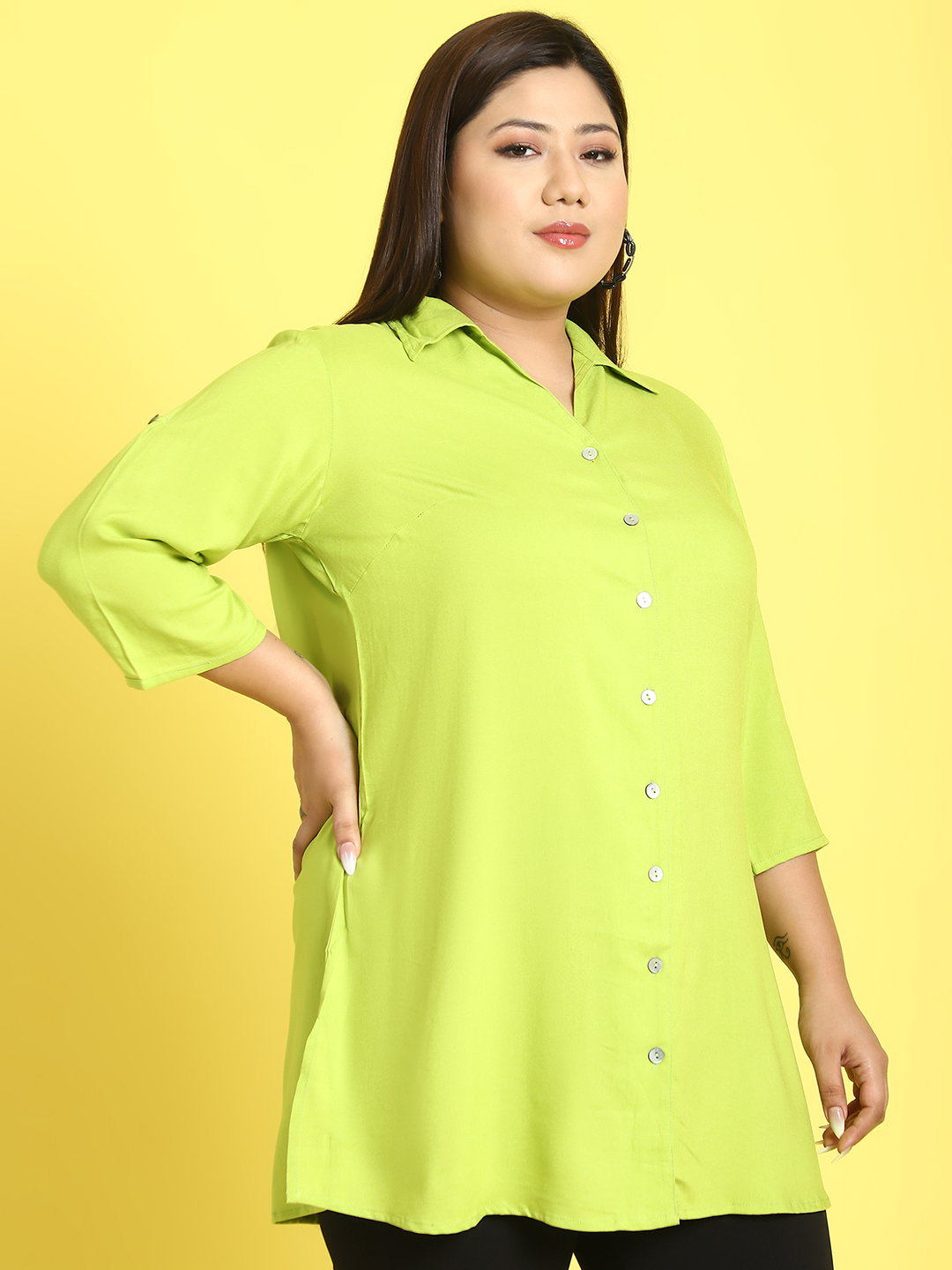 Women's Plus Size Green Solid Color woven casual shirt