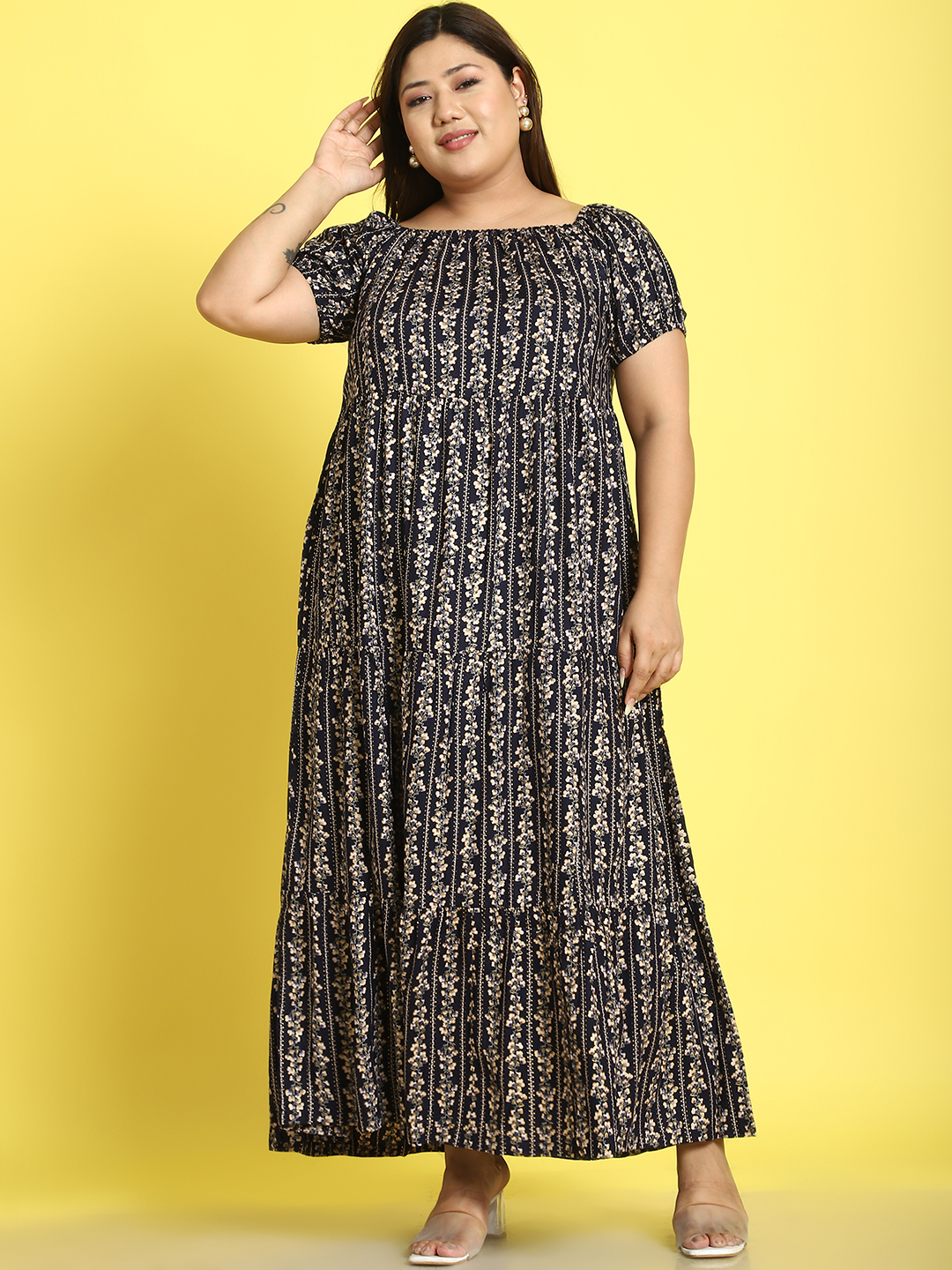 Women's Plus Size Navy Gold Floral printed A-Line Maxi dress
