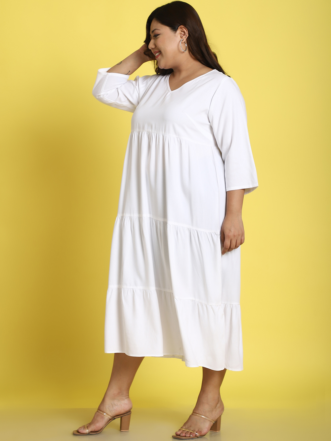 Women's Plus Size White Solid Color A-Line Midi dress