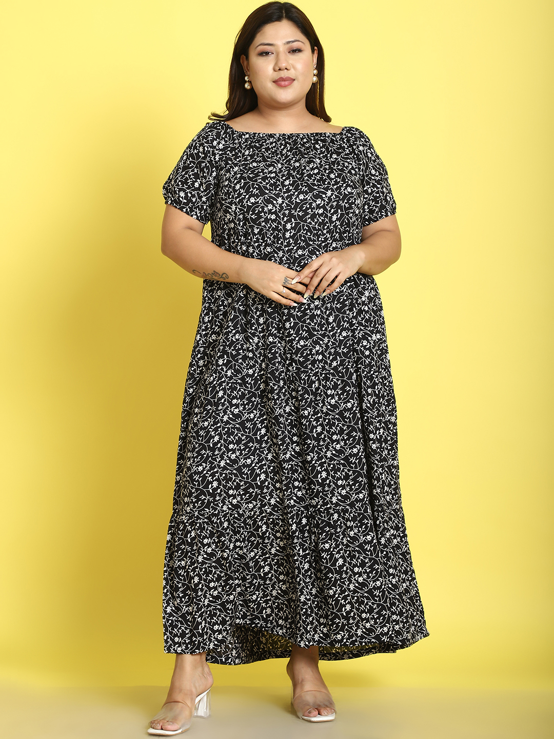 Women's Plus Size Black small floral printed A-Line Maxi dress