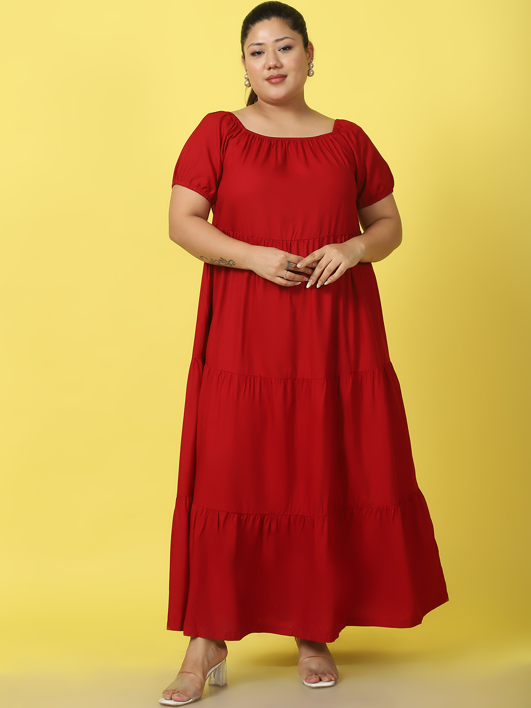 Women's Plus Size Maroon solid color A-Line Maxi dress