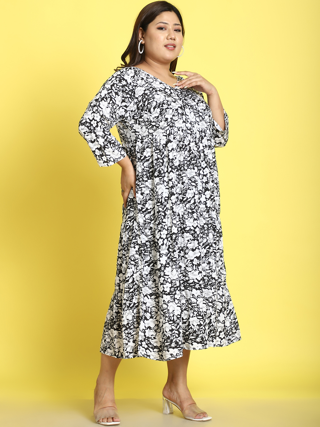 Women's Plus Size Black & White Floral printed A-Line Midi dress