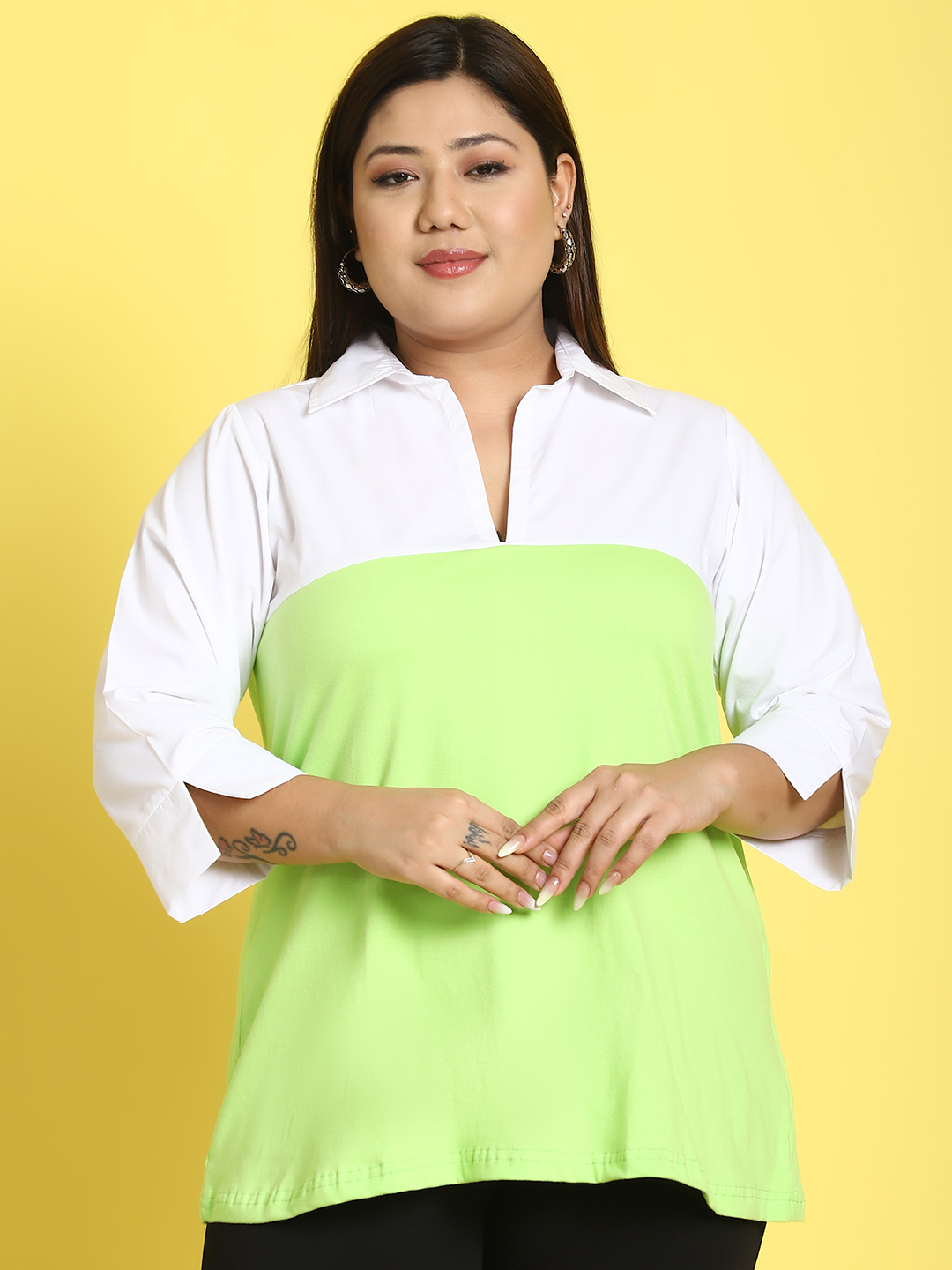 Women's Plus Size Bright Green & White Color Block Shirt Collar Top