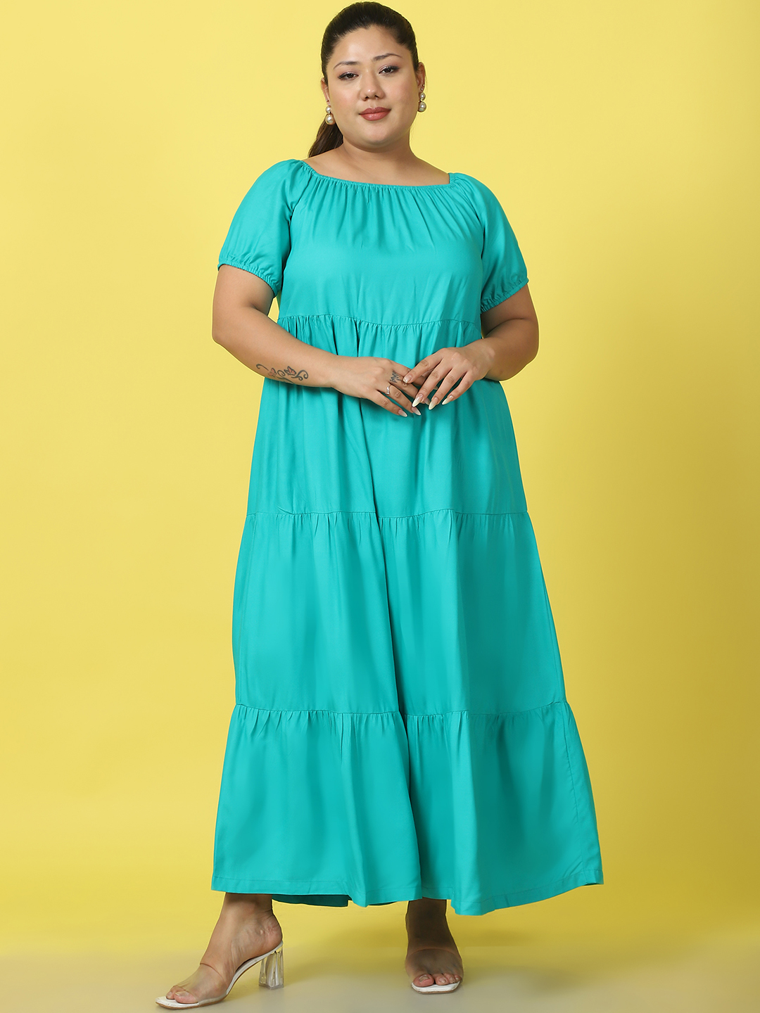 Women's Plus Size Teal solid color A-Line Maxi dress