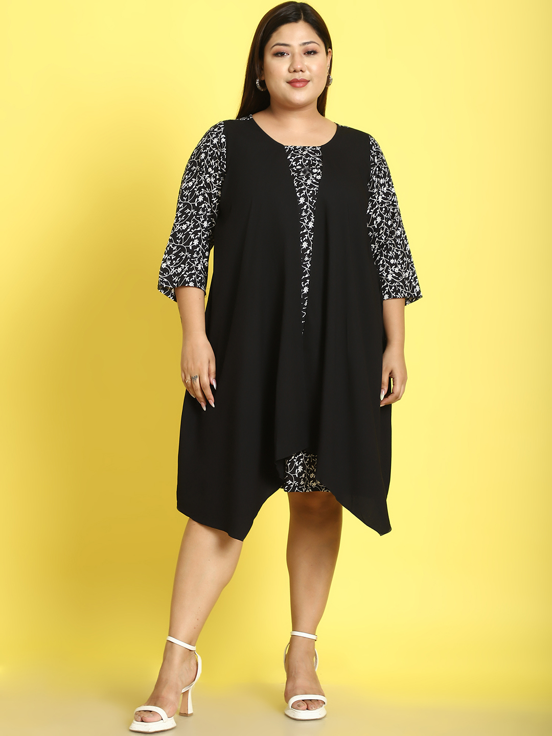 Women's Plus Size Black small floral printed dress with attached black solid color mock layered jacket