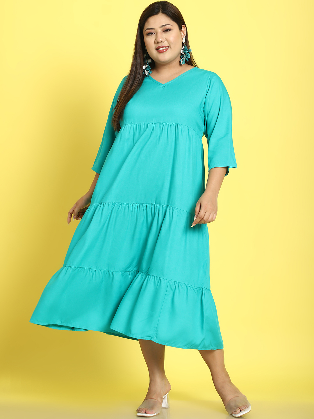 Women's Plus Size Teal Solid Color A-Line Midi dress