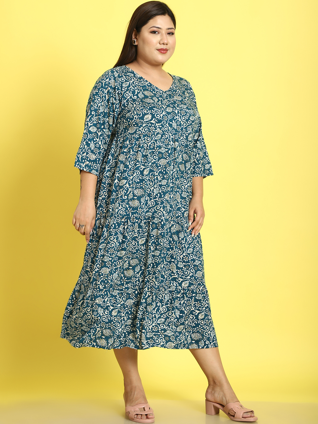 Women's Plus Size Teal Batik floral printed A-Line Midi dress