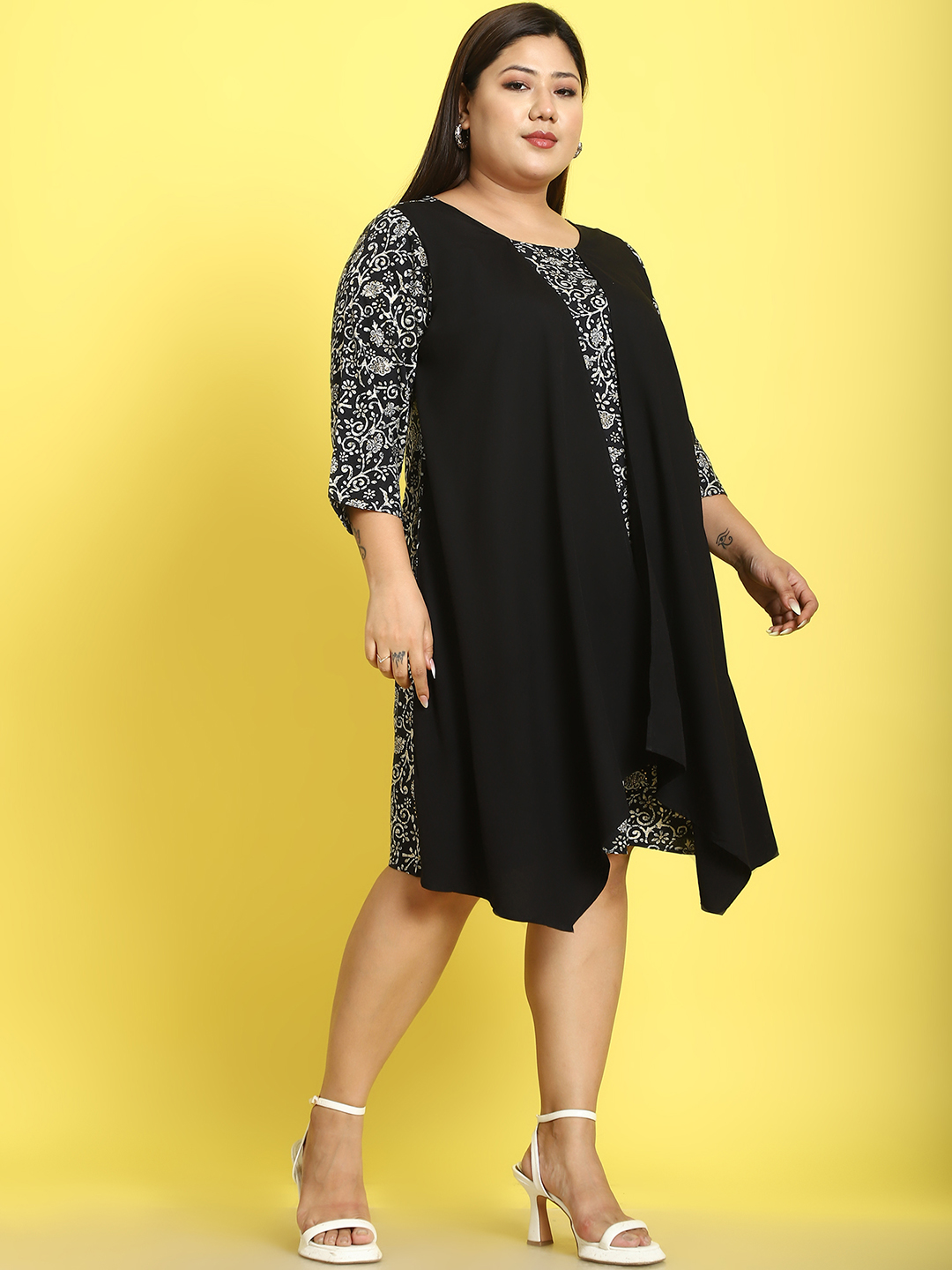 Women's Plus Size Black batik floral printed dress with attached solid color mock layered jacket