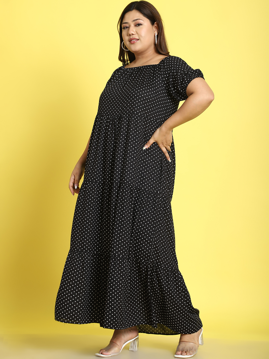 Women's Plus Size Black polka dot printed A-Line Maxi dress