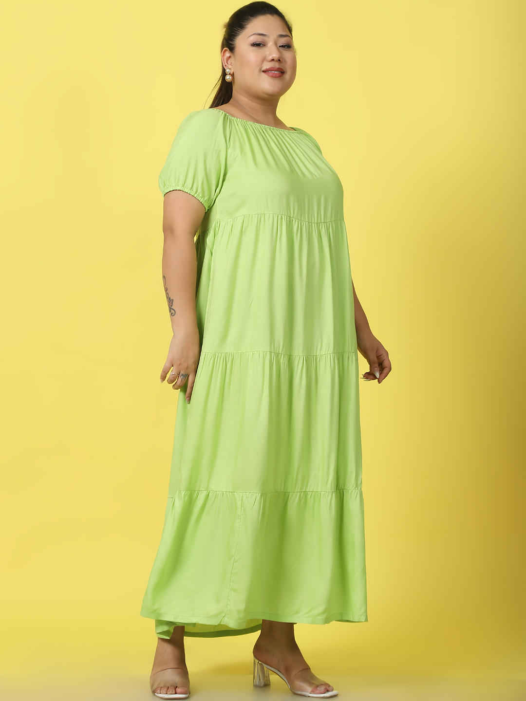 Women's Plus Size Green solid color A-Line Maxi dress
