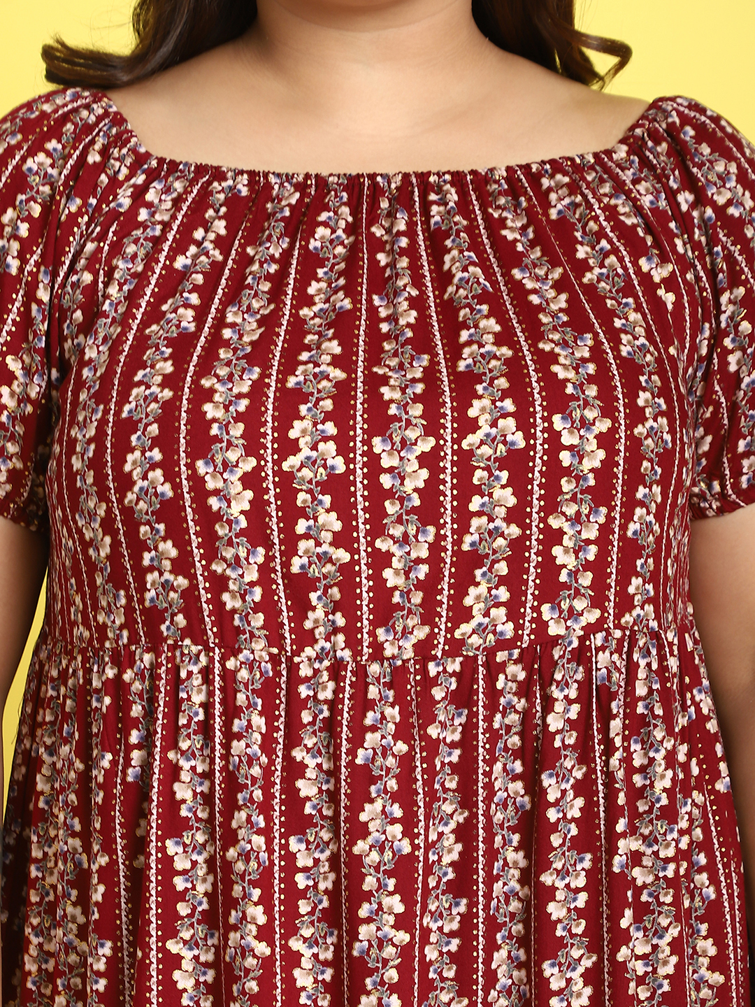 Women's Plus Size Maroon gold floral printed A-Line Maxi dress