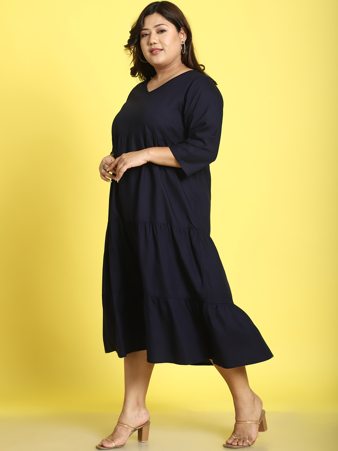Women's Plus Size Navy Blue Solid Color A-Line Midi dress