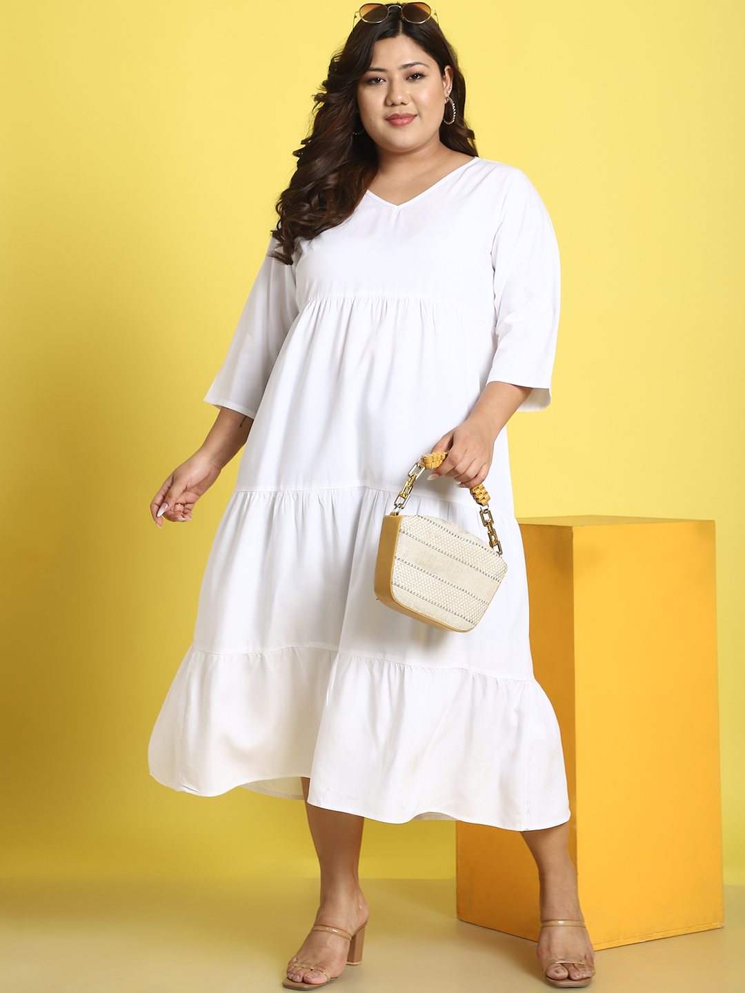 Women's Plus Size White Solid Color A-Line Midi dress