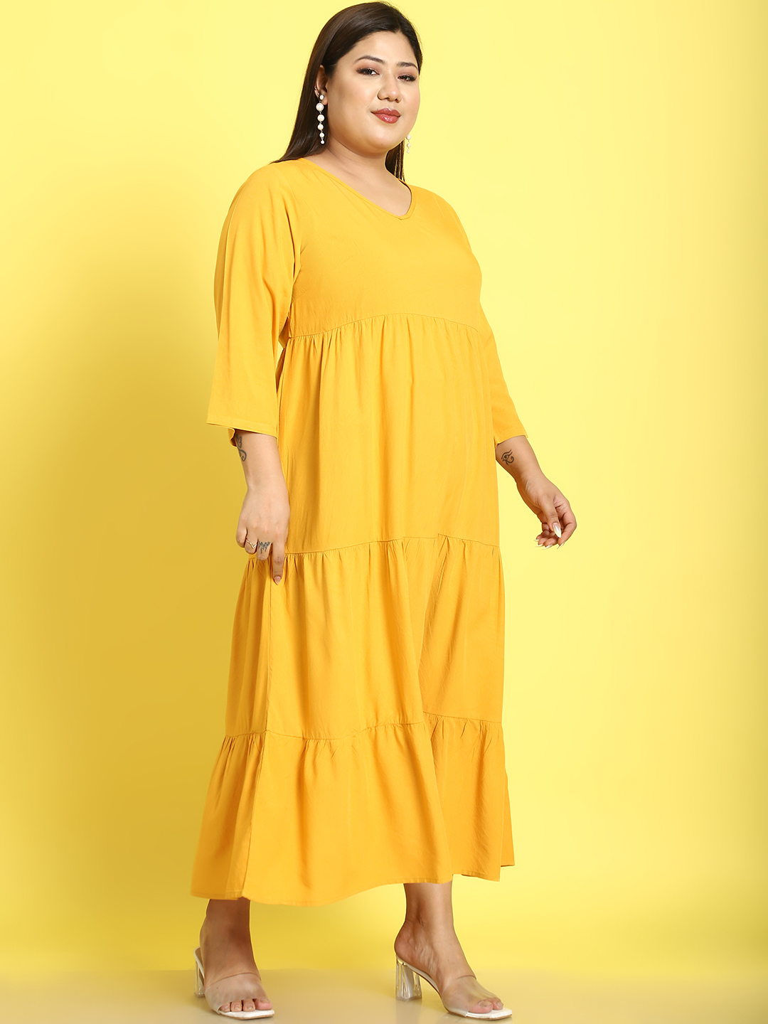 Women's Plus Size Yellow Solid Color A-Line Midi dress