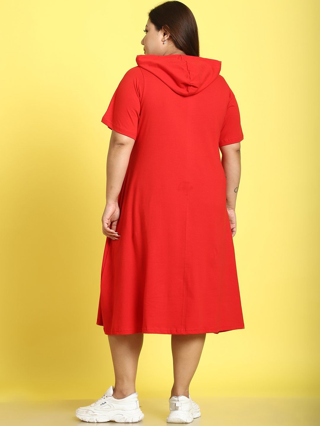 Women's Plus Size Red Solid Color Cotton Knitted A-Line Dress
