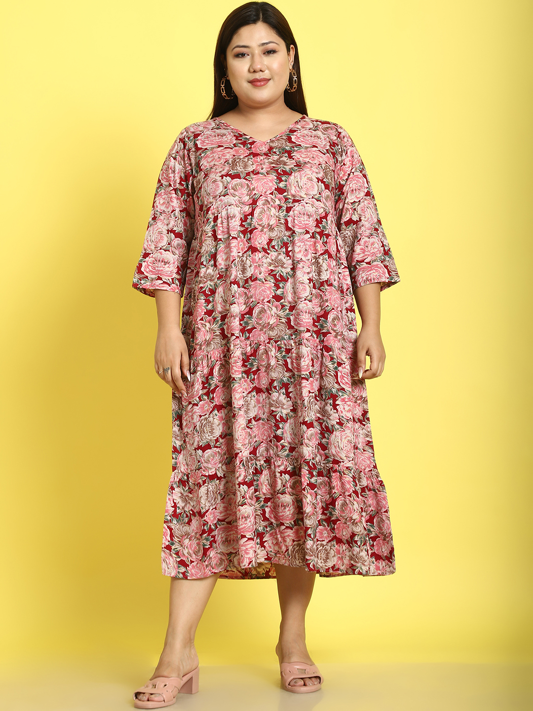 Women's Plus Size Maroon Rose Floral Printed A-Line Midi dress