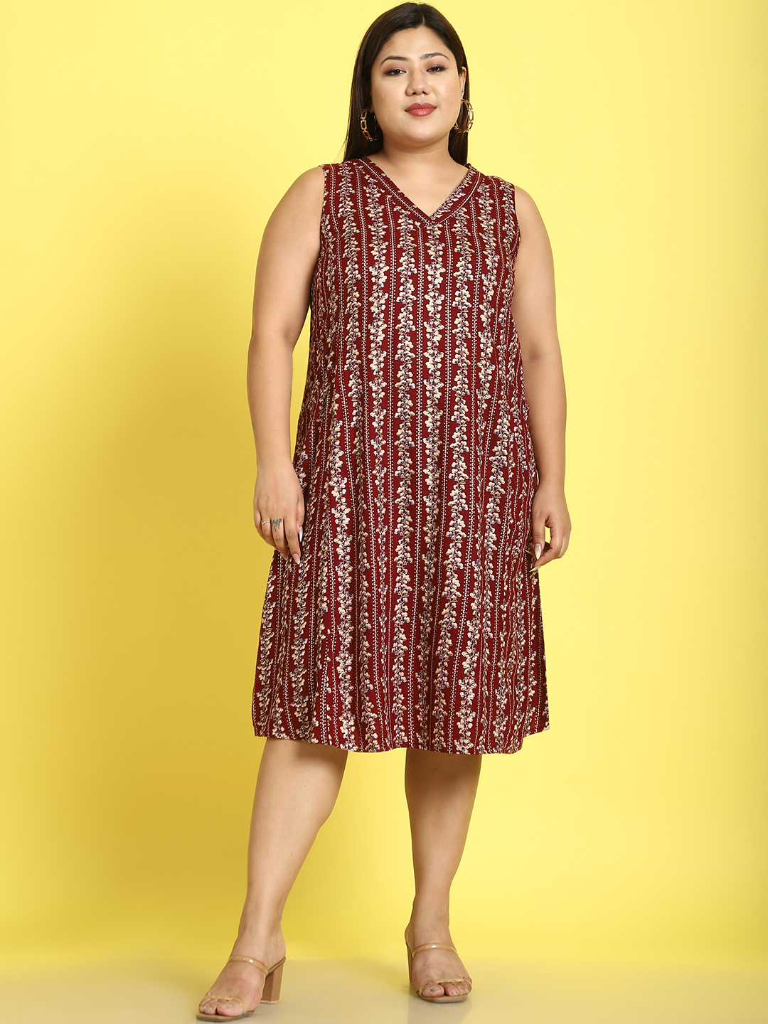 Women's Plus Size Maroon Gold Foil Printed A-Line Midi Dress