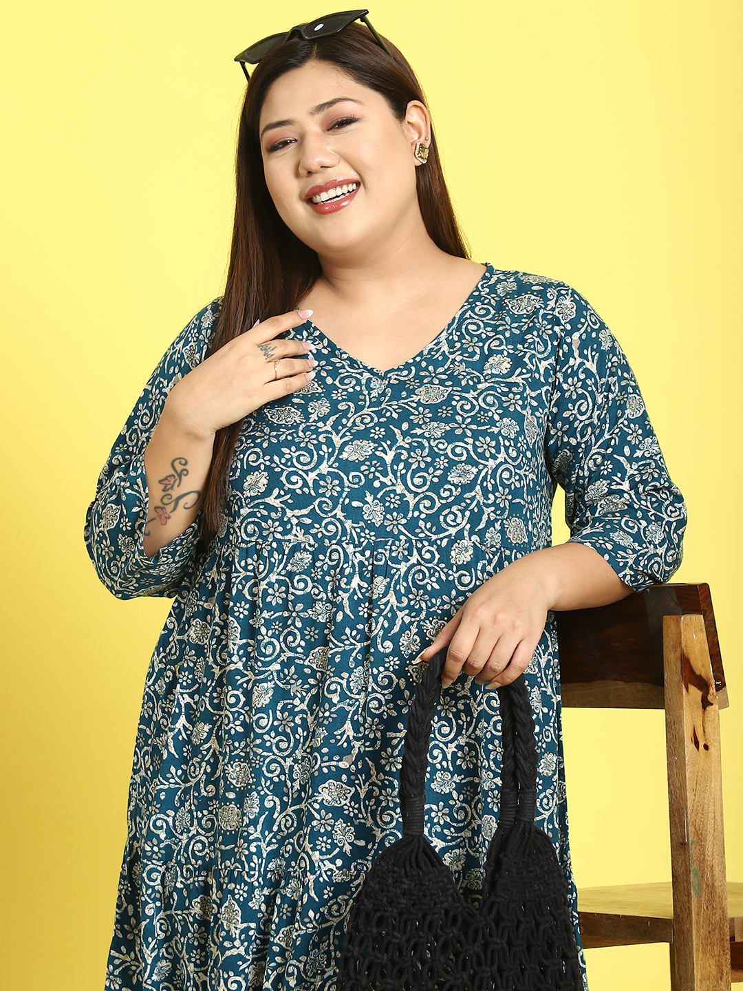 Women's Plus Size Teal Batik floral printed A-Line Midi dress
