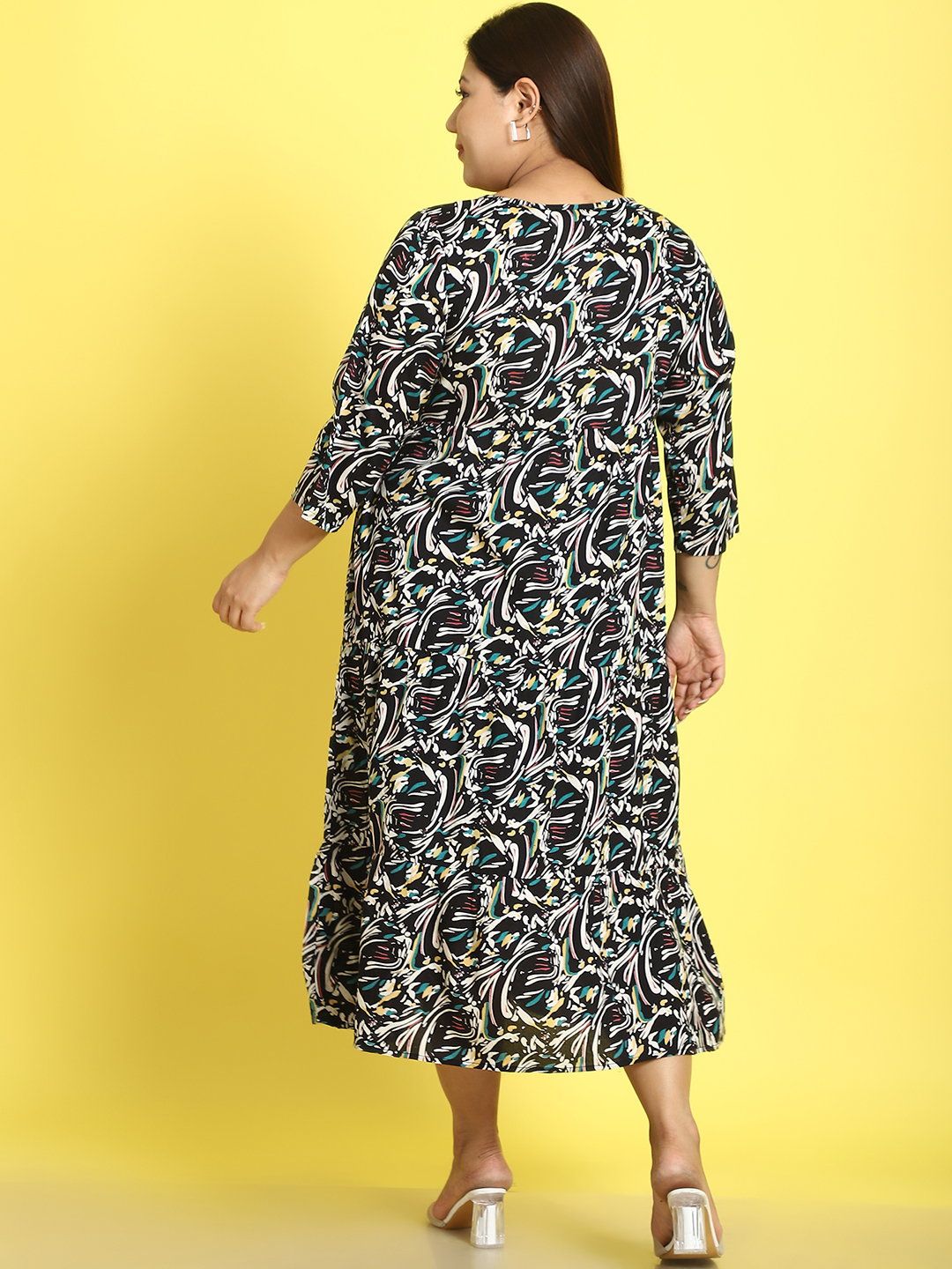 Women's Plus Size Black Abstract floral printed A-Line Midi dress