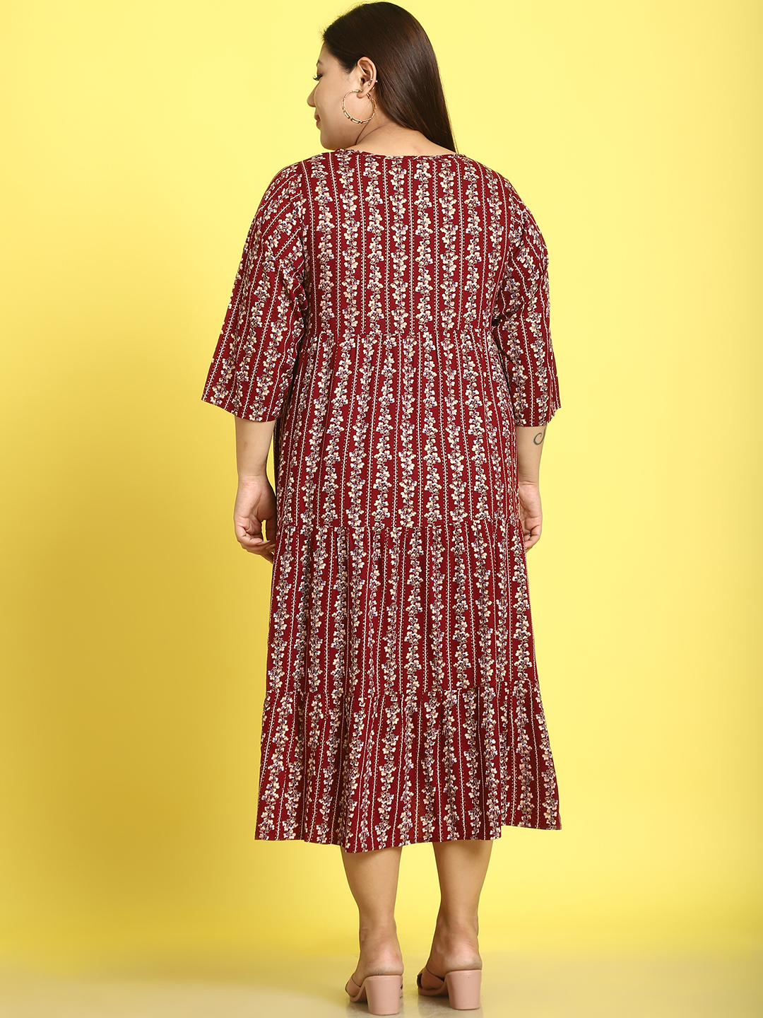 Women's Plus Size Maroon Gold Foil Printed A-Line Midi dress
