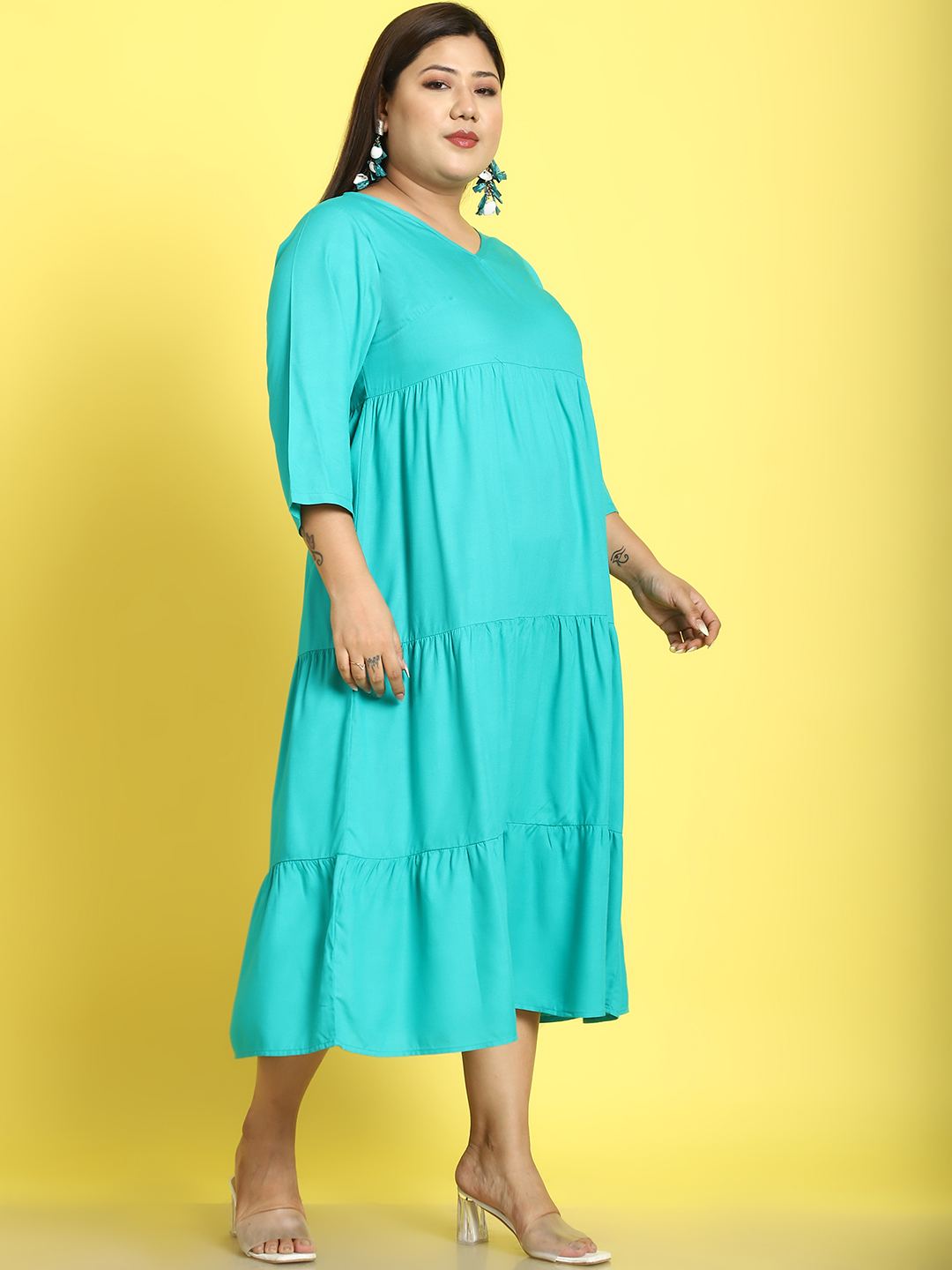 Women's Plus Size Teal Solid Color A-Line Midi dress