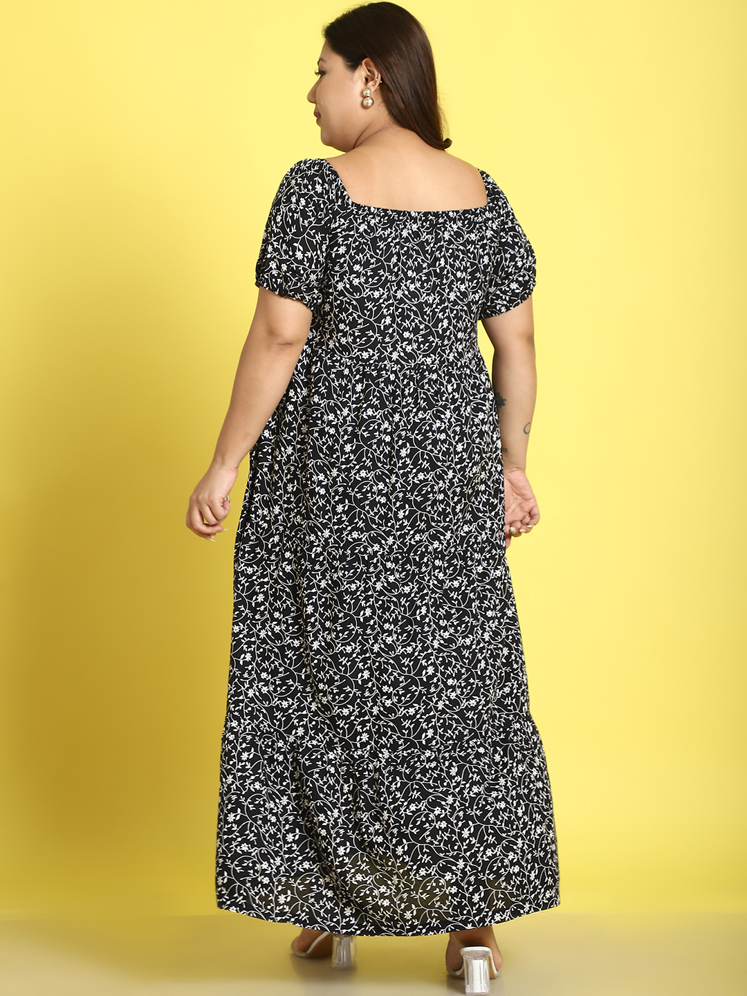 Women's Plus Size Black small floral printed A-Line Maxi dress