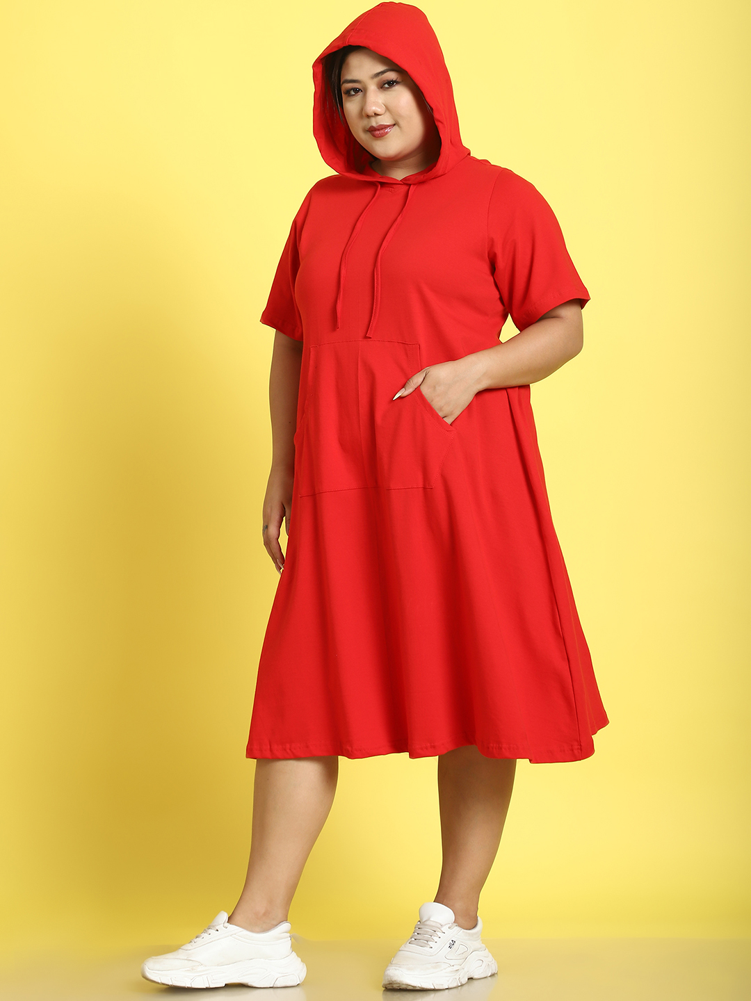Women's Plus Size Red Solid Color Cotton Knitted A-Line Dress